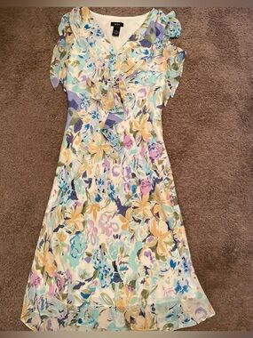 MSK Floral Ruffle V-Neck Midi Dress in Pastel Multi